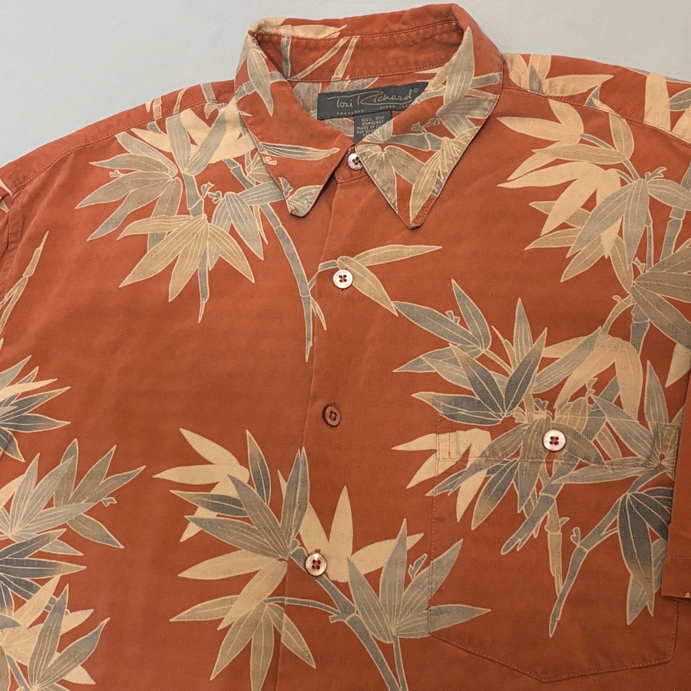 Tori Richard Button Up Shirt Mens L Orange Silk Bamboo Leaf Print Aloha Hawaiian